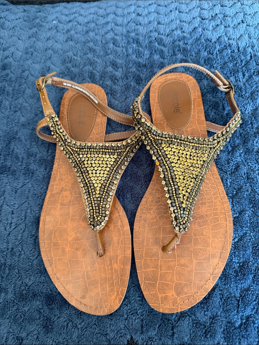 Nicole Brown/Tan Beaded T-Strap Sandals